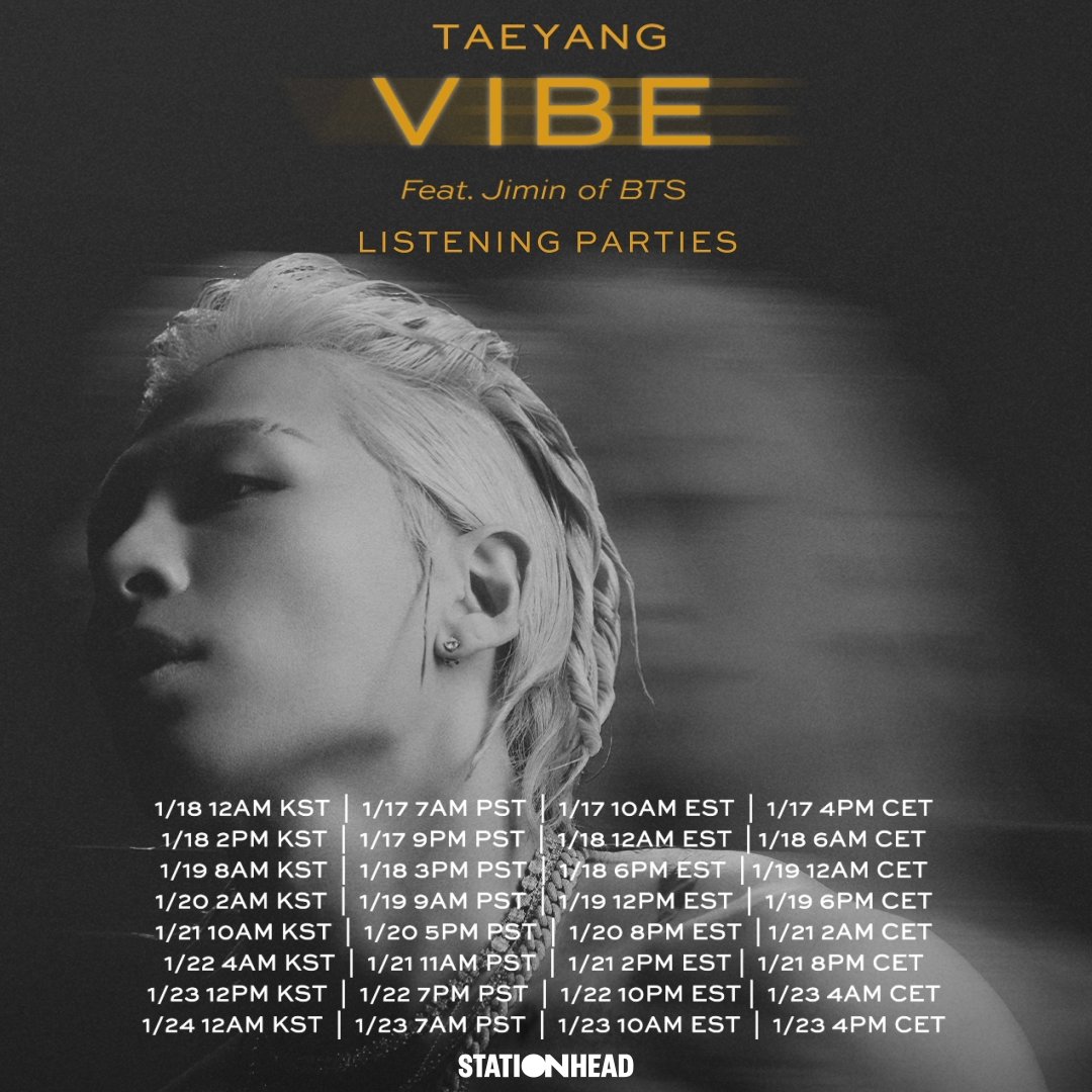 🎧Global Listening Party for 'VIBE (feat. Jimin of BTS)'🎧 Follow TAEYANG’s official STATIONHEAD account and join the ‘VIBE’ listening parties First listening party begins tonight 12AM KST! ▶ #VIBE #바이브 #TAEYANG #태양 #VIBEListeningParty