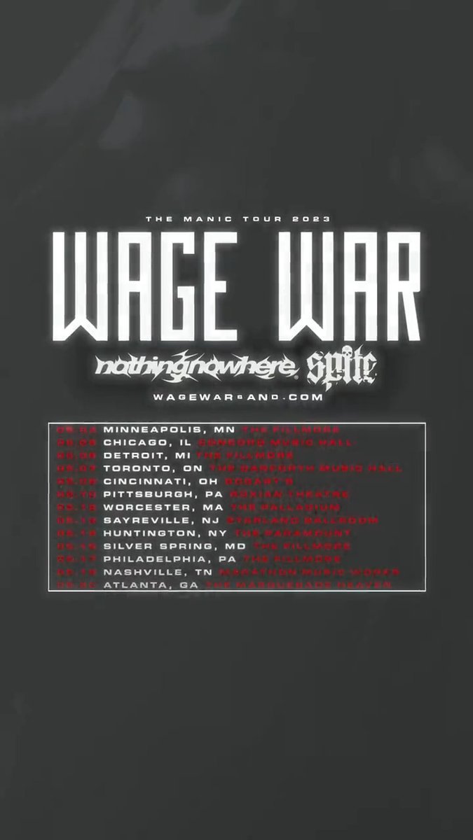 We’re going on a headlining tour, The Manic Tour 2023, with nothing,nowhere. and Spite! Presale starts today at 12pm ET with code MANIC. Tickets and more info on
