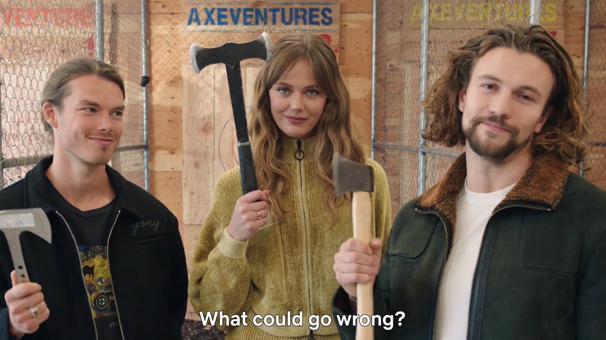 Vikings Valhalla stars Sam Corlett, Frida Gustavsson, and Leo Suter go axe throwing while answering some questions... what could go wrong??