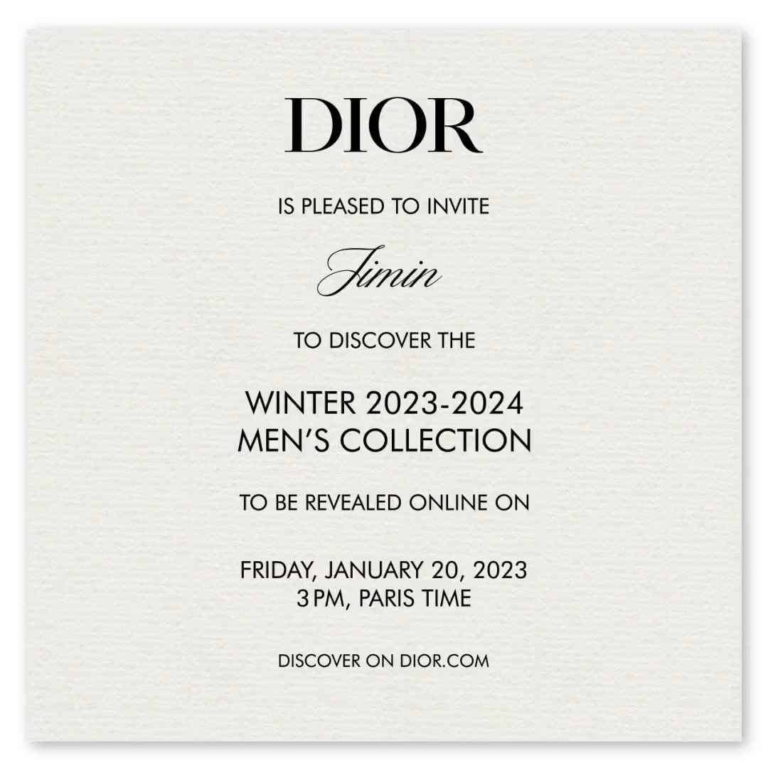 With Jimin announced as our new global ambassador, we are delighted to confirm that he will also be attending the #DiorWinter23 by Kim Jones show in Paris. Catch it live on Twitter on January 20 at 3pm CET. Stay tuned!