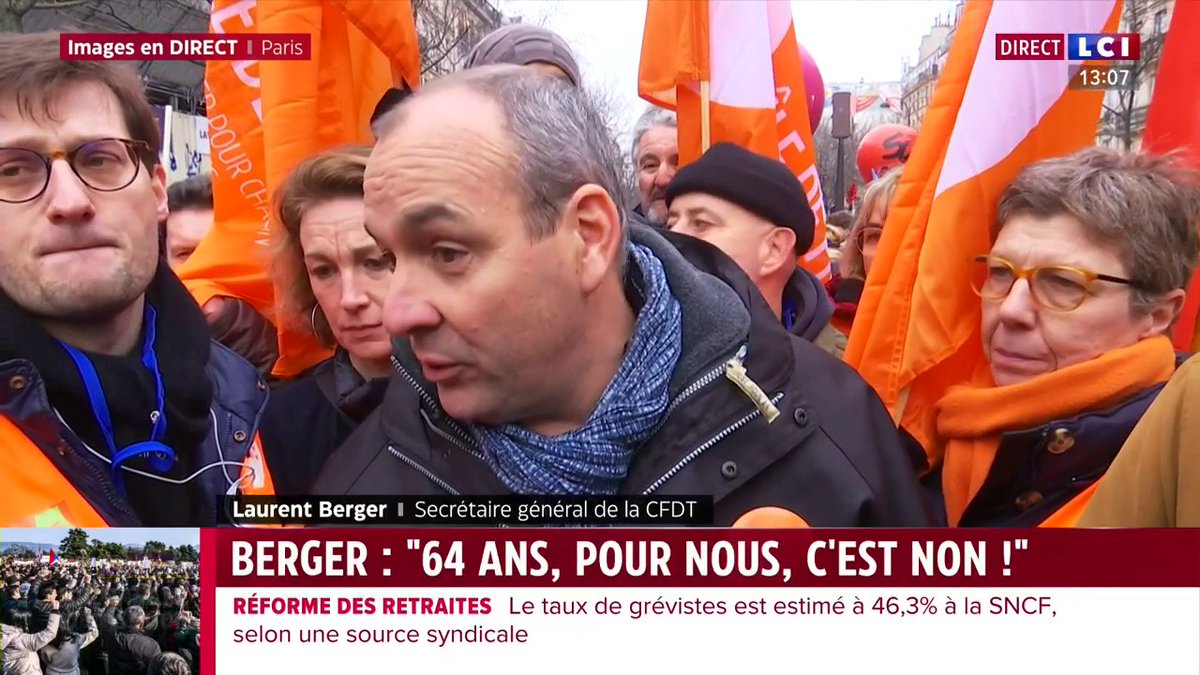 #Grève19janvier : "On est face à une réforme des finances publiques, on veut faire payer aux travailleurs par le report de l'âge légal à la retraite le fait qu'il y ait des déficits publics" : Laurent Berger (@CfdtBerger), secrétaire général de la CFDT et président de EUROPEAN TRADE UNIONS