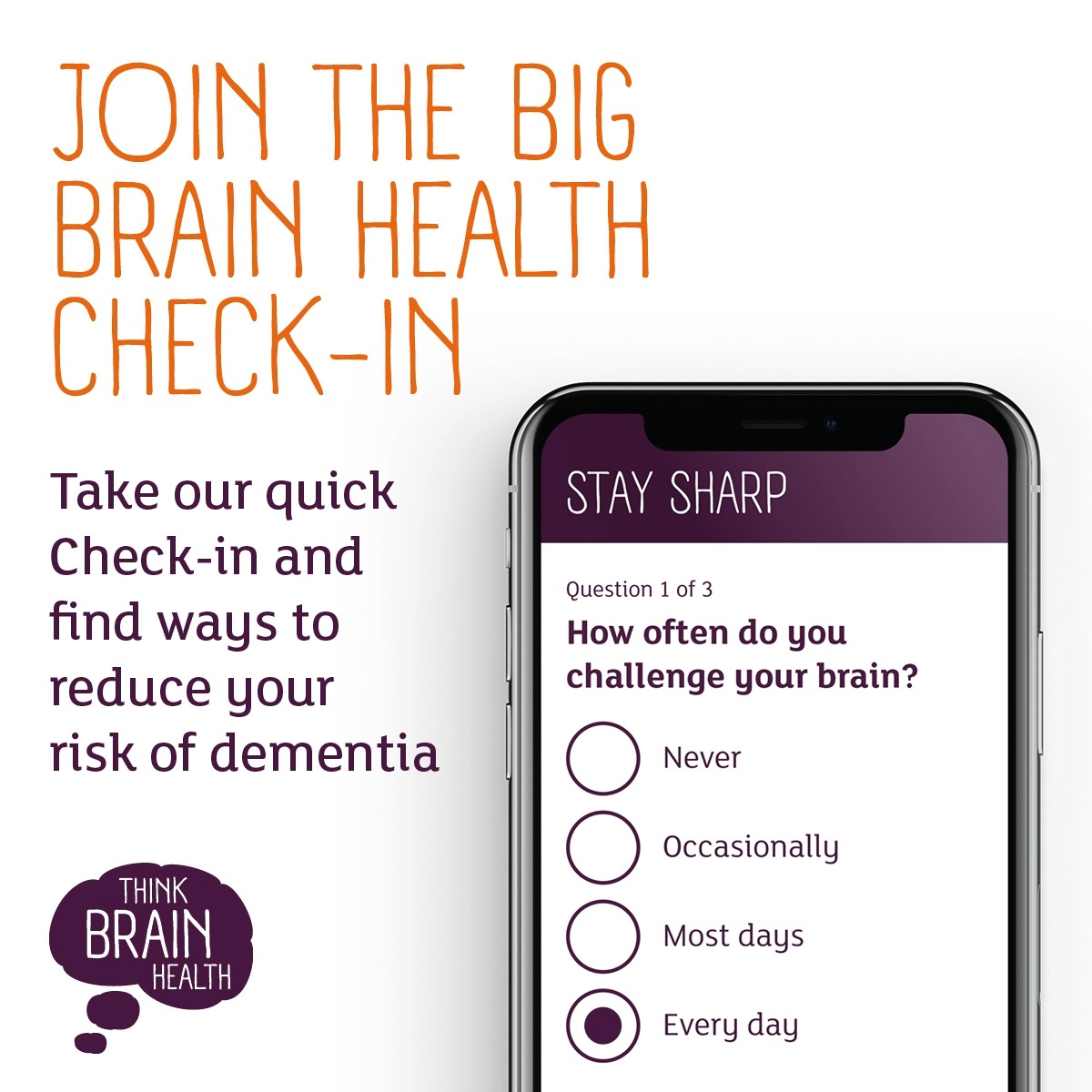 When was the last time you gave your brain some love? Now is your chance! 🧡 Complete our #ThinkBrainHealth Check-in to explore your brain healthy behaviours and our simple tips for better brain health. Join the #BigBrainCheckin 👇