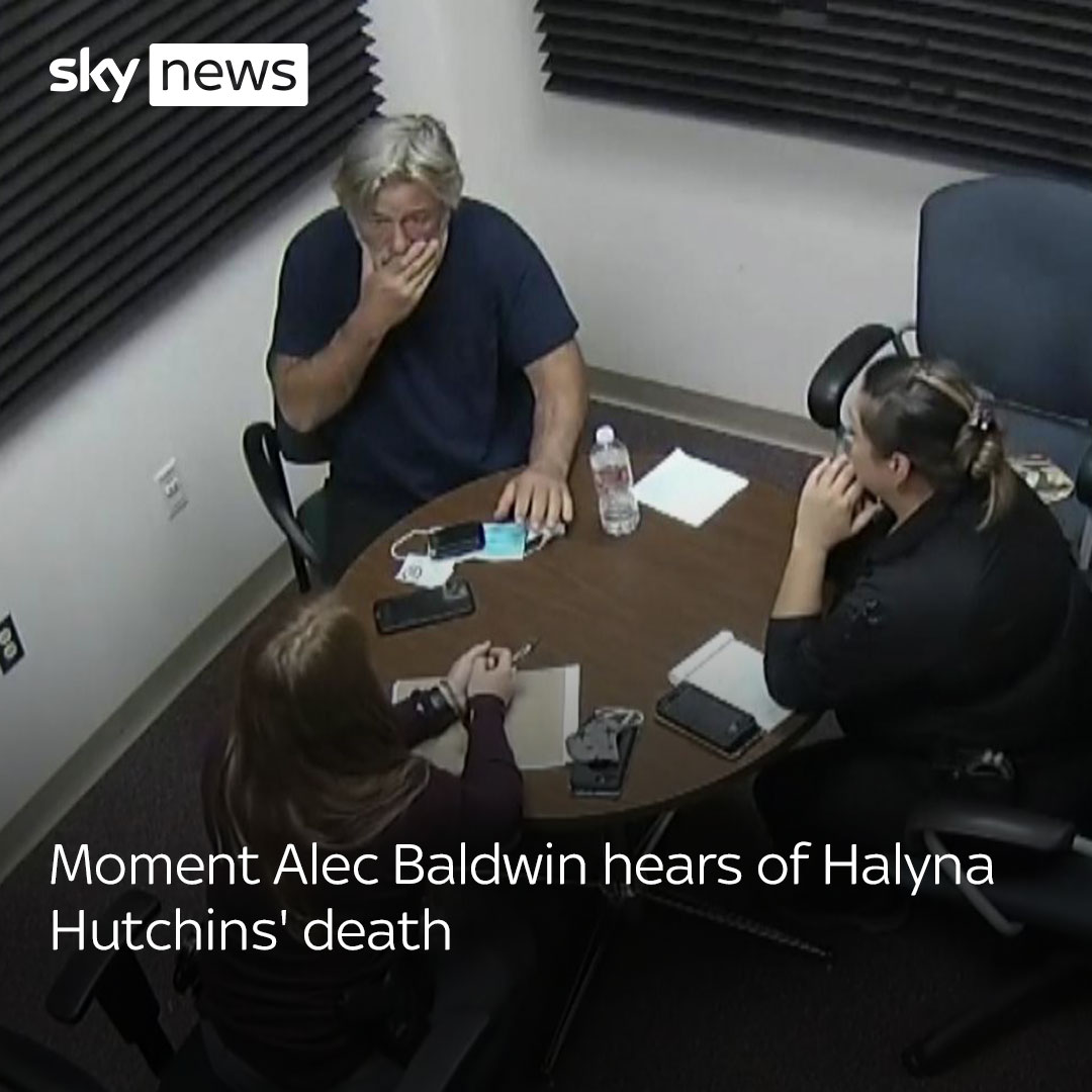 Alec Baldwin reacts as he is told cinematographer Halyna Hutchins has died after being shot by a gun he was holding on the set of Rust. He is to be charged with involuntary manslaughter over the incident, which occurred in New Mexico in 2021. Latest: