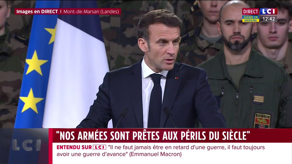 🔴🗣️ "Après avoir réparé les armées, nous allons les transformer mais il nous faut aussi, en tant que Nation, nous transformer nous-mêmes. Etre prêts à des guerres plus brutales, plus nombreuses et ambiguës à la fois" : Emmanuel Macron. 📺 LCI >