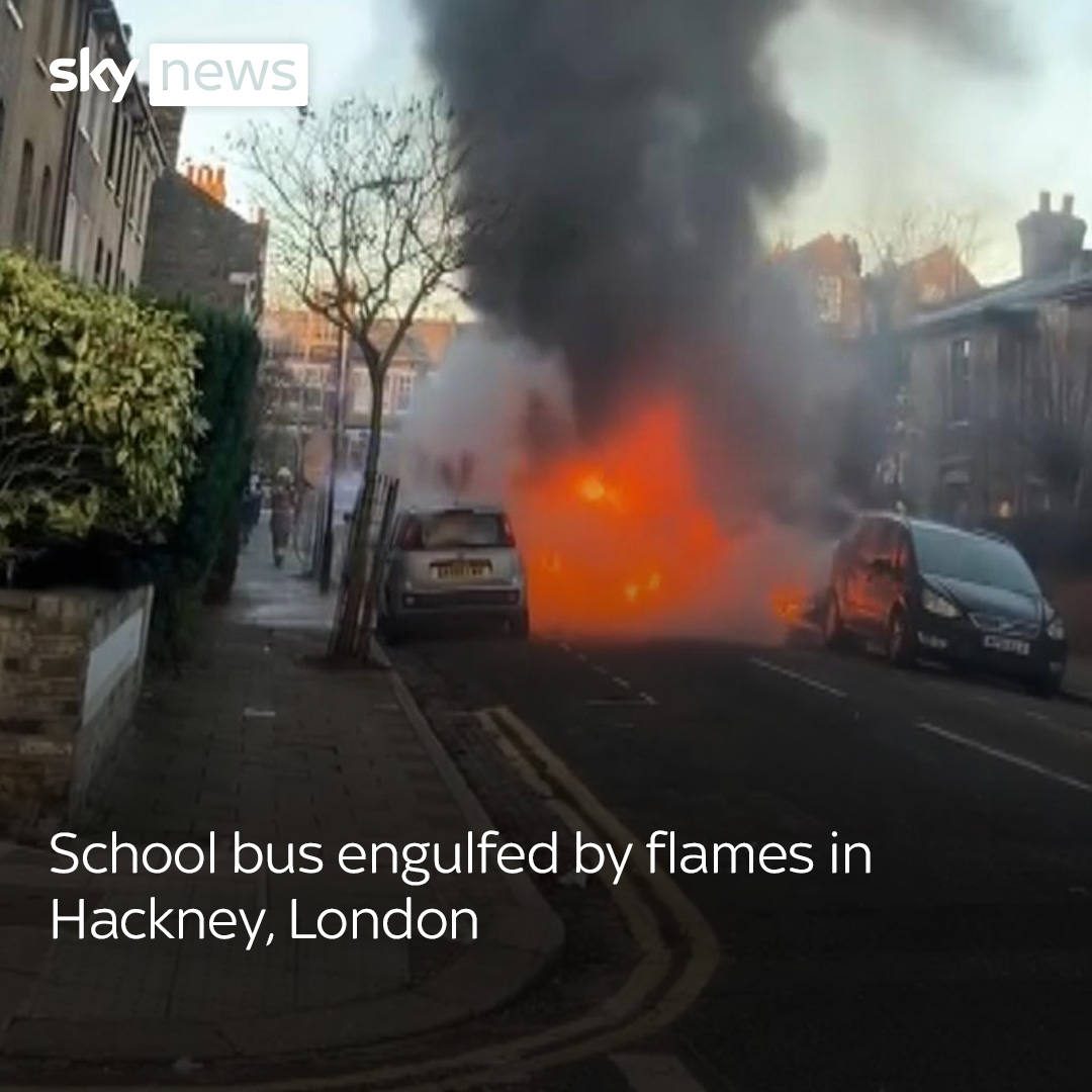 A school bus full of children was engulfed by flames in Hackney, London. The local council said all children on board were safely evacuated after the bus caught fire on a residential street, damaging several cars nearby. Latest:
