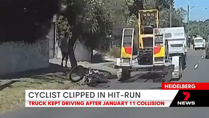 A truck has failed to stop after knocking over a cyclist and sending him tumbling in Melbourne’s north. The truck appeared to move over and make room for the bike, but then veered back into the lane and hit the rider with its trailer. #7NEWS