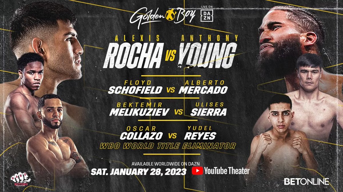 💥We're ONE WEEK away from an action-packed night and the stars will be coming out!!👊💢 #RochaYoung ⭐️Lex 👊🏼 ⭐️Floyd “Kid Austin” Schofield ⭐️Bektemir Melikuziev ⭐️Oscalito 📍: YouTube Theater (Inglewood, CA) 🎟️: