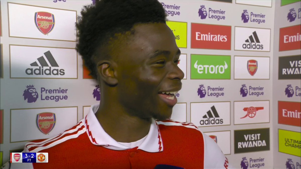 "Hello Freddie, hello Thierry" 👋😅 Safe to say Bukayo Saka is happy he completed his challenge to score in three consecutive games against Manchester United 😅