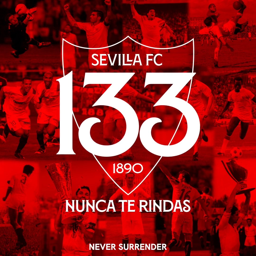❤ Hoy cumplimos 𝟭𝟯𝟯 años de historia, 𝘀𝗲𝘃𝗶𝗹𝗹𝗶𝘀𝘁𝗮𝘀. 🥳 𝗙𝗲𝗹𝗶𝗰𝗶𝗱𝗮𝗱𝗲𝘀 𝗮 𝘁𝗼𝗱𝗼 𝗲𝗹 𝘀𝗲𝘃𝗶𝗹𝗹𝗶𝘀𝗺𝗼. #WeareSevilla #NuncaTeRindas