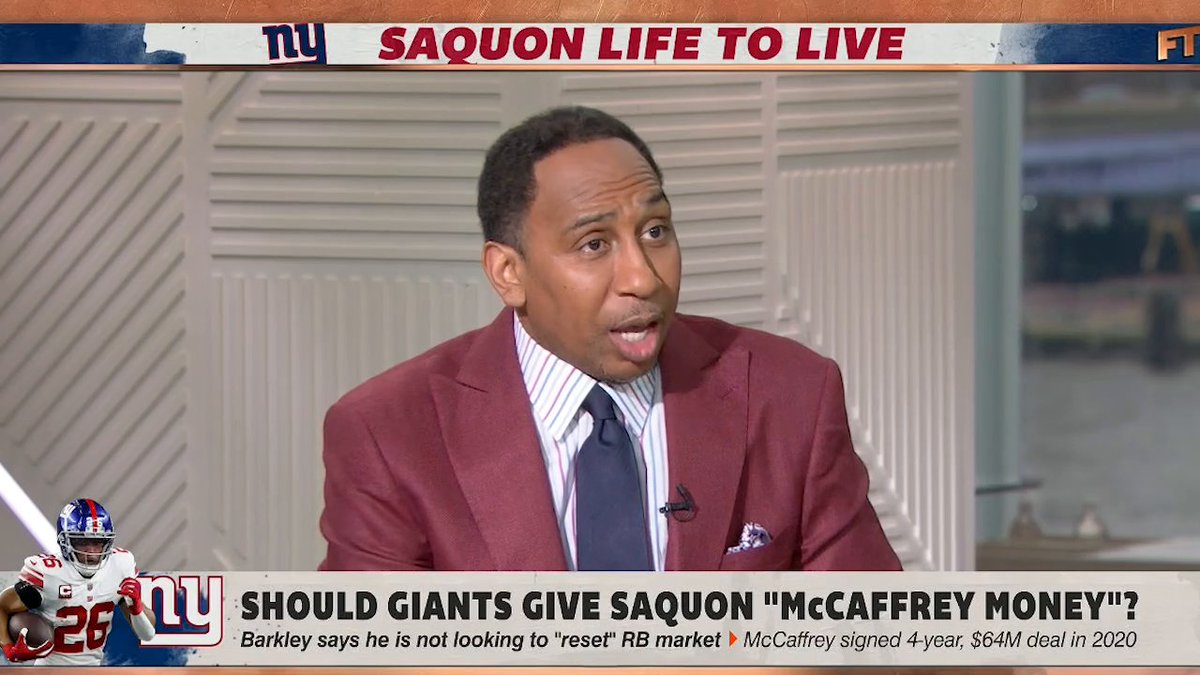 .Stephen A Smith believes the Giants should give Saquon Barkley "Christian McCaffrey money." Thoughts? 🤔