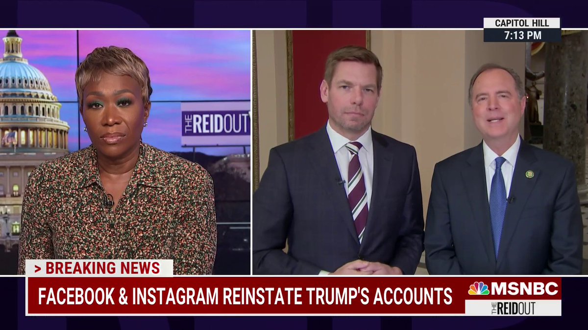 .@RepAdamSchiff: "I think Facebook's decision to reinstate Donald Trump is inexplicable. It represents in my view a total caving in and copping out. The only motive I can see is a profit motive." #TheReidOut