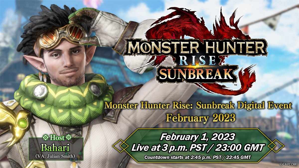 The Monster Hunter Rise: #Sunbreak Digital Event returns on Feb. 1, 3 PM PST/ 23:00 GMT! Find out what's coming in Free Title Update 4, including a returning Elder Dragon, the latest roadmap, and more! 🎤 Hosted by Elgado's lead scientist, Bahari (VA: @voxbyj00lz).