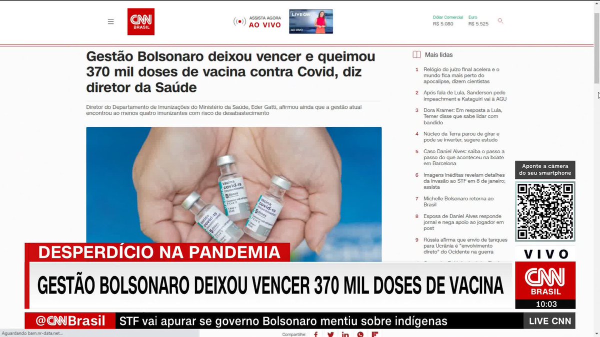 A gestão do ex-presidente Jair Bolsonaro (PL) deixou vencer 370 mil doses de vacina contra Covid-19 e teve de incinerar centenas de milhares de imunizantes vencidos, afirmou na quinta (26) o diretor do Departamento de Imunizações do Ministério da Saúde, Eder Gatti #LiveCNNBrasil