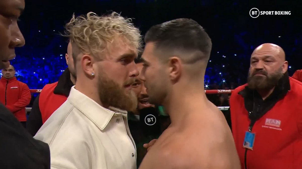 𝑾𝑬𝑳𝑳 𝑻𝑯𝑨𝑻 𝑾𝑨𝑺 𝑬𝑿𝑷𝑳𝑶𝑺𝑰𝑽𝑬 👀 Jake Paul and Tommy Fury meet in the middle of the ring 🥊 Jake Paul 🆚 @TommytntFury. Who you got? 🤔 #BeterbievYarde | BT Sport 1 #Boxing #FightNight #JakePaul #TommyFury #PaulFury