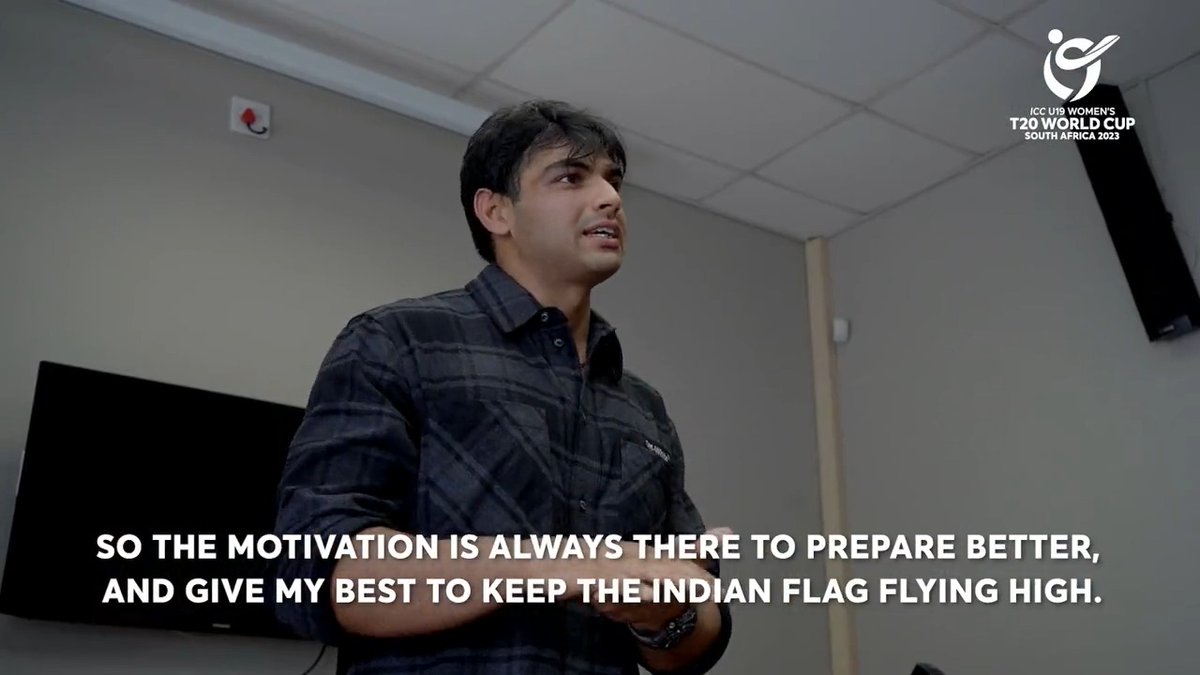 Motivation boost 👊 Olympic Gold medalist Neeraj Chopra shares words of wisdom with young India stars ahead of their #U19T20WorldCup final against England 📽️