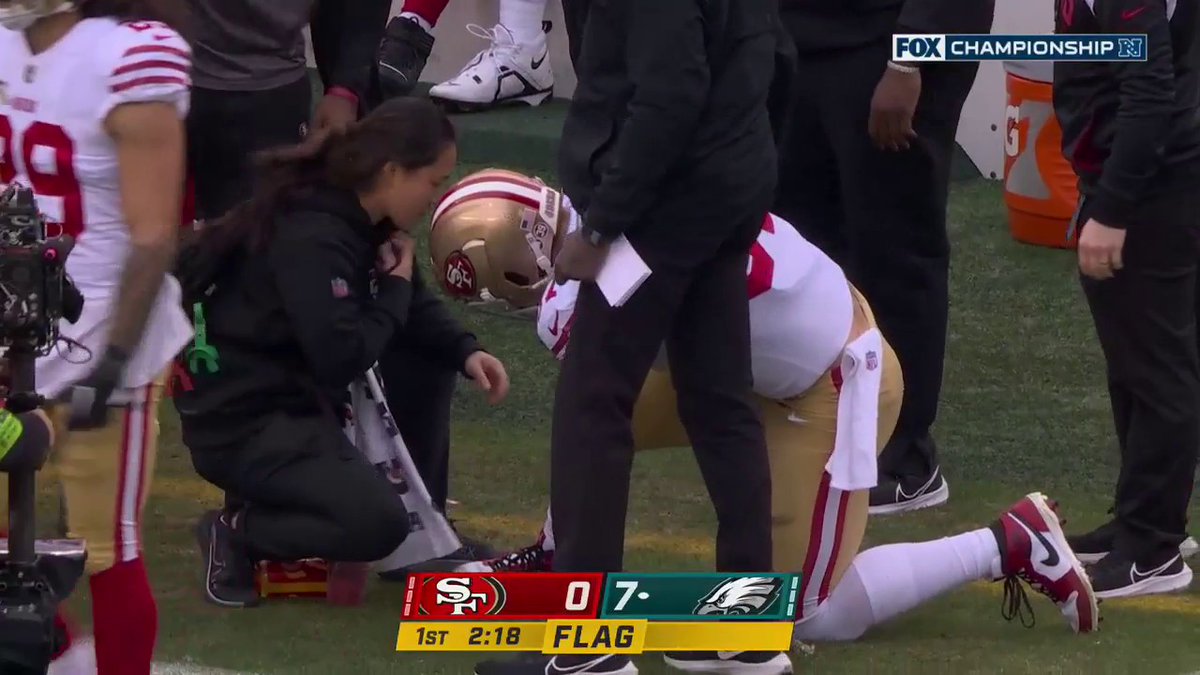 Nick Bosa is being looked at by medical staff on the sideline right now. 📺: FOX
