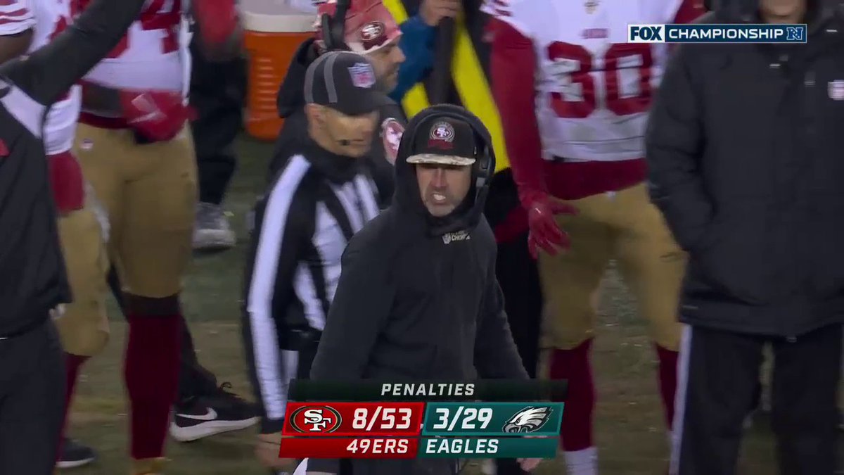 49ers HC Kyle Shanahan was not happy with the roughing the kicker call that gave the Eagles a first down.