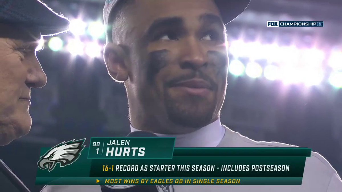 "I'm not going to make this about me, this is a special city. They deserve everything that's going on. We've got one more." Philadelphia Eagles QB Jalen Hurts got the Philly fans hyped after the game 😤