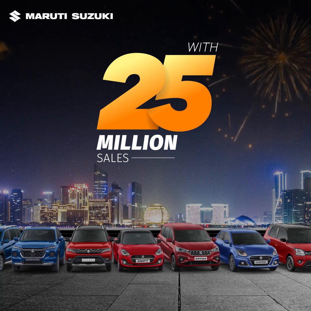 Thank you to all our customers for helping us achieve 25 million sales. This is a milestone we will never forget. #MarutiSuzuki #MarutiSuzukiArena #NEXA #25MillionSales #Milestone #MilestoneAchieved #25MnMarutiSuzukiCustomers