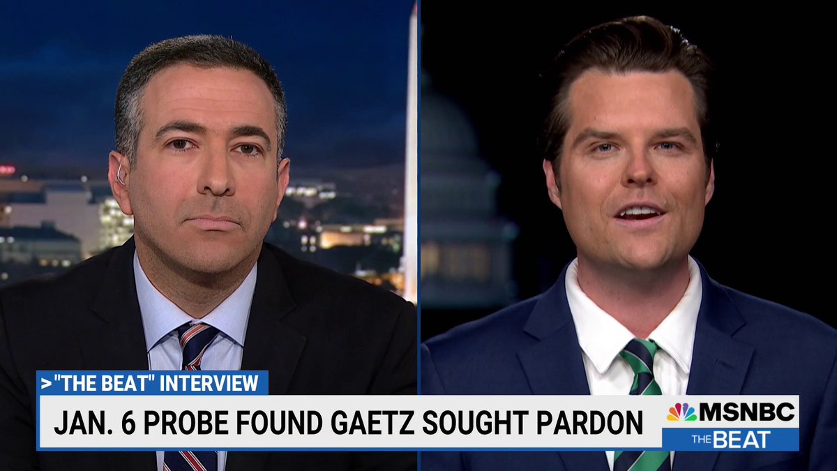 Rep. Matt Gaetz tells Ari Melber he did not request a pardon for himself after a WH meeting, despite Jan. 6 witnesses including Cassidy Hutchinson and Eric Herschmann testifying that he did.