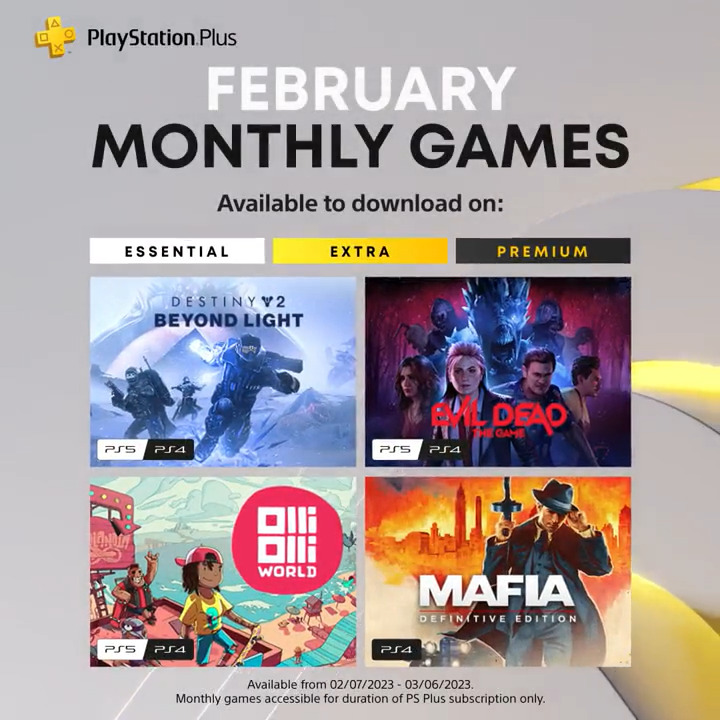 Your PlayStation Plus games for February have been revealed: 🪐 Destiny 2: Beyond Light 🧟 Evil Dead: The Game 🛹 OlliOlliWorld 🕵️‍♂️ Mafia: The Definitive Edition Full details: