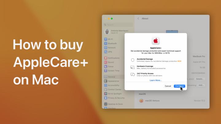 Give your new Mac extra protection with AppleCare+. AppleCare+ adds unlimited incidents of accidental damage coverage and 24/7 priority tech support, and you can purchase it right in System Settings. Here’s how. (U.S. only) Terms and Conditions apply and are subject to change.