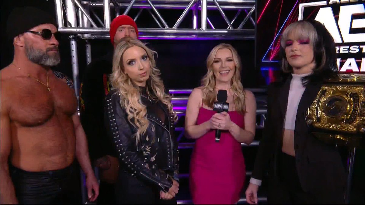 #AEW Women's World Champion JAMIE HAYTER was in the middle of making a deal with The Bunny Allie when they were interrupted by SARAYA and #ToniStorm attacking Dr. Britt Baker, D.M.D.! #AEWDynamite is LIVE on TBS!