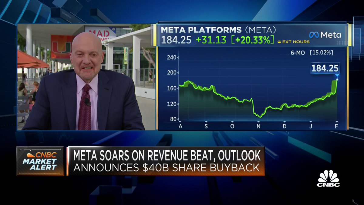 .Jim Cramer: $META's call was transformational. Jim, Carl Quintanilla and David Faber discuss $META's Q4 results, with the stock soaring on a revenue beat, a $40 billion buyback and CEO Mark Zuckerberg's declaration that 2023 will be a year of efficiency.