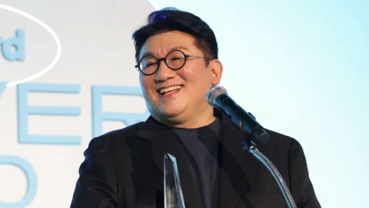 HYBE Chairman Bang Si-Hyuk accepts the Clive Davis Visionary award at Billboard's 2023 Power 100 Party.