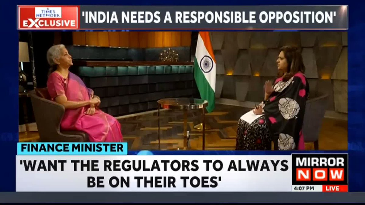 FINANCE MINISTER ON TIMES NETWORK "The BJP govt didn't give land to the #Adani. Any project under the PM goes through the global tendering process. We don't indulge in favouritism of any kind": Finance Minister Nirmala Sitharaman to Navika Kumar
