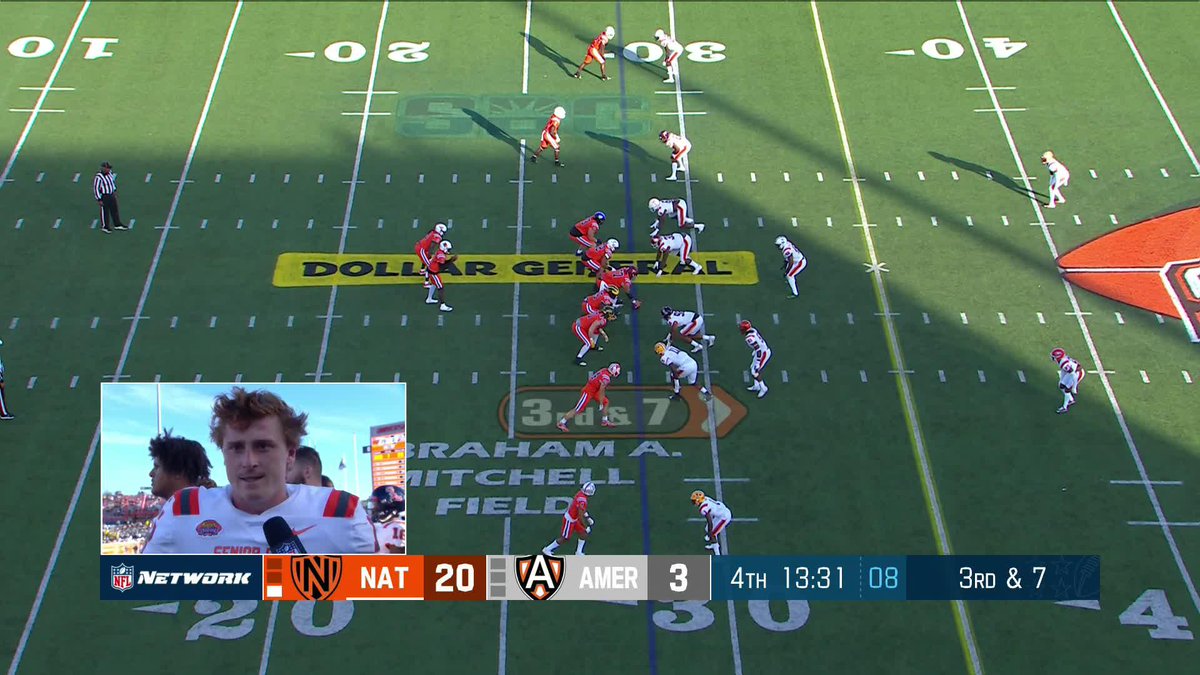 PICK-6! Anthony Johnson from Virginia Football takes it to the 🏠 and Max Duggan loves it! 📺: Panini Senior Bowl on NFL Network