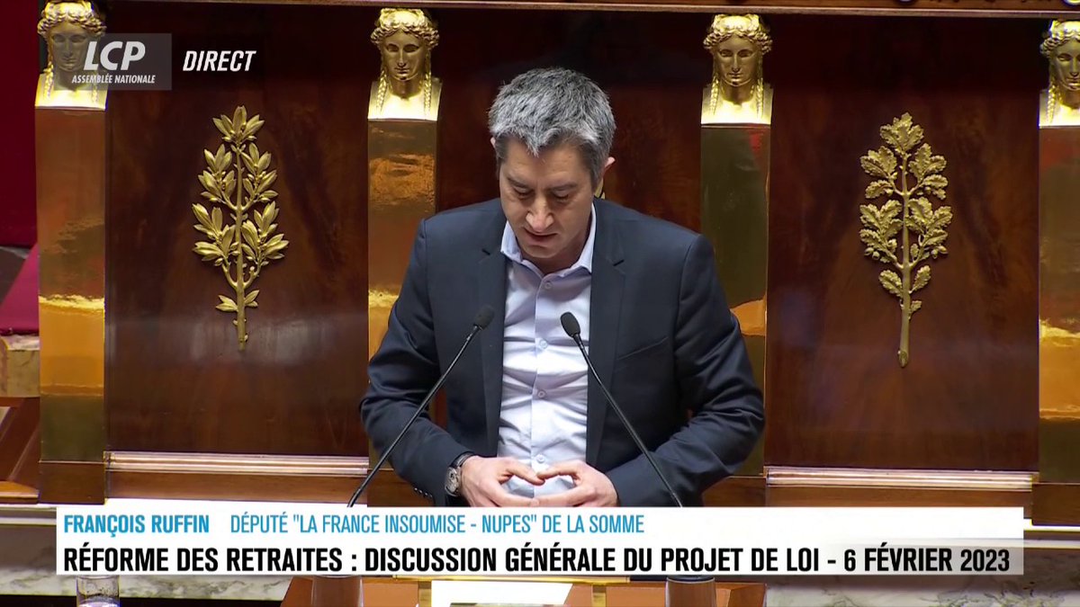 "Vous faites pitié", déclare François Ruffin en préambule de sa prise de parole. "Oui Monsieur le ministre, Mesdames et Messieurs les députés et Monsieur le président ici absent, vous faites pitié. Voilà le sentiment que vous m'inspirez". #RéformeDesRetraites #DirectAN