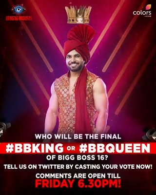 #BBKing or #BBQueen kise karoge aap crown iss Finale week? Tell us on twitter before the voting lines close, hurry up! 👑 Dekhiye #BiggBoss16 Mon-Fri raat 10 baje aur Sat-Sun raat 9 baje, sirf #Colors par. #BB16 #BiggBoss