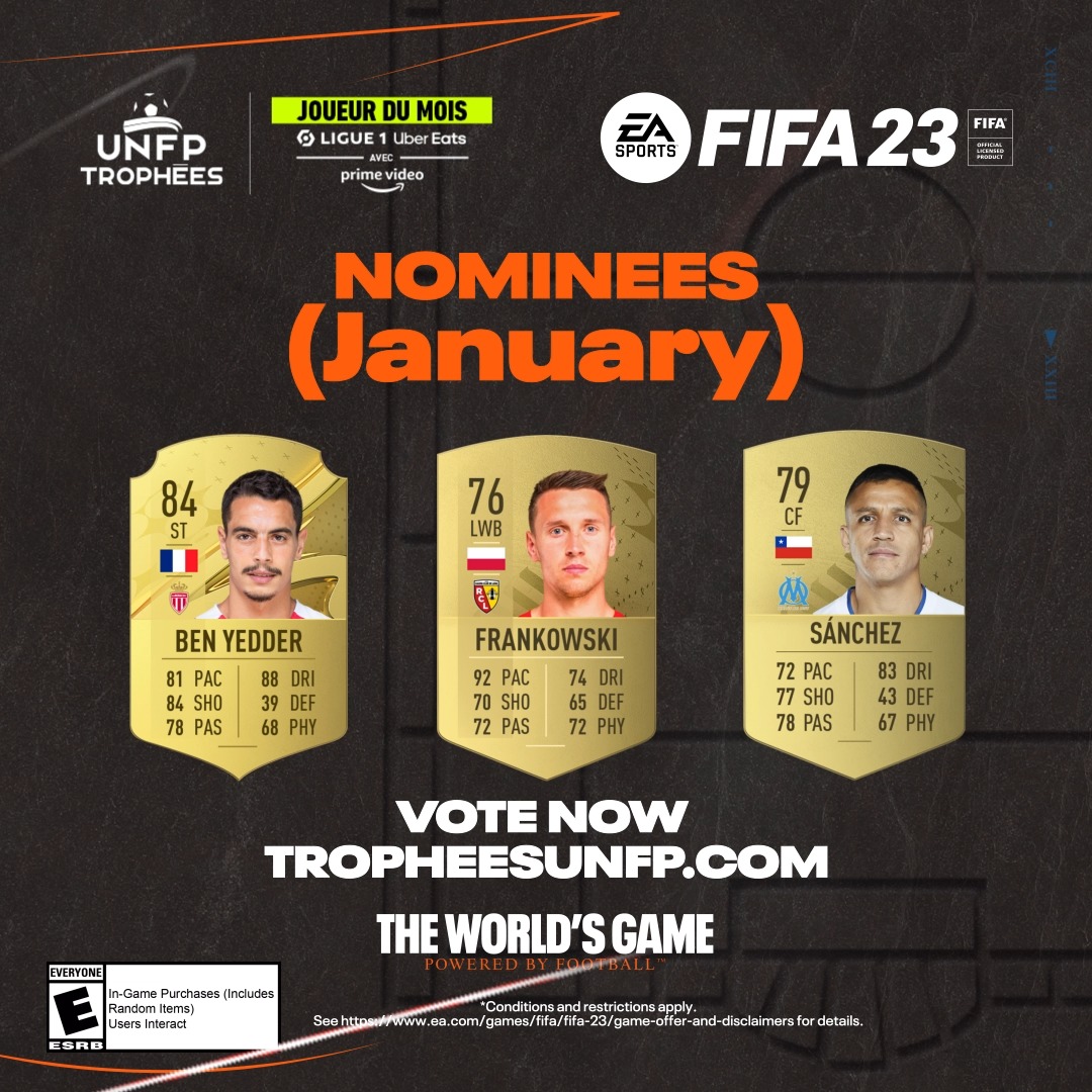 🔴⚪ Wissam Ben Yedder 🔴🟡 Przemysław Frankowski ⚪🔵 Alexis Sánchez Vote for January's UNFP #POTM now ➡ Ligue1UberEats #FIFA23