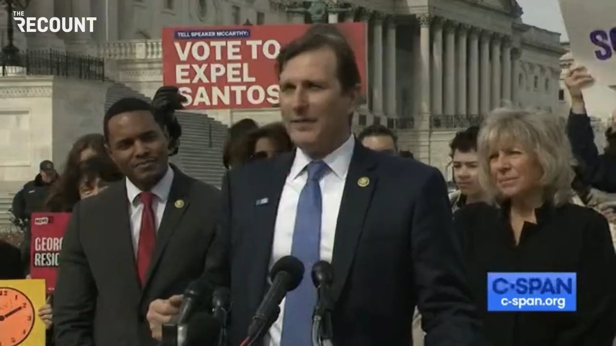 Rep. Dan Goldman (D-NY) speaks at an event organized by constituents of Rep. George Santos (R-NY) calling on him to resign: “If you are gonna steal money from the bank … and then you say, ‘Well, the bank gave me the money, so it’s ok.’ That’s what Speaker McCarthy is saying.”