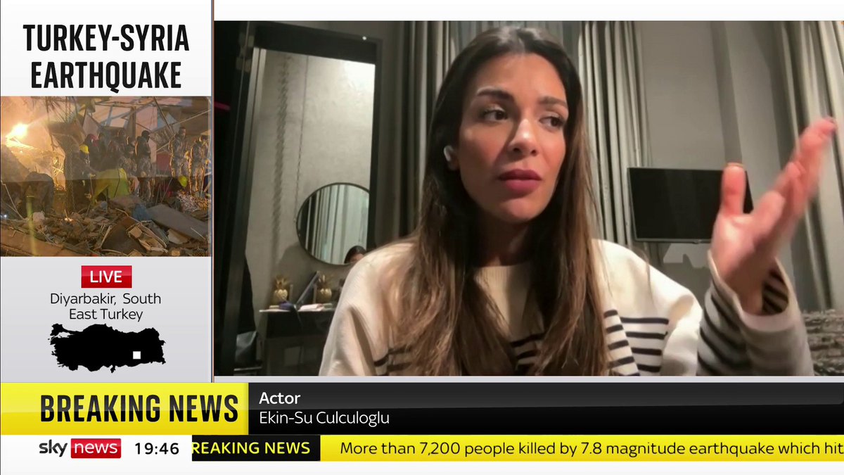British-Turkish actress Ekin-Su Cülcüloğlu says members of her family have been sleeping outside following the earthquake. 📺 Sky 501, Virgin 602, Freeview 233 and YouTube