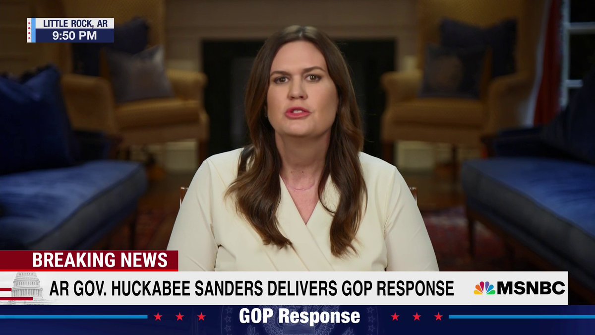 "The dividing line in America is no longer between right or left. The choice is between normal, or crazy," says Arkansas Gov. Sarah Huckabee Sanders, Donald Trump's former press secretary, during the GOP's State of the Union response.