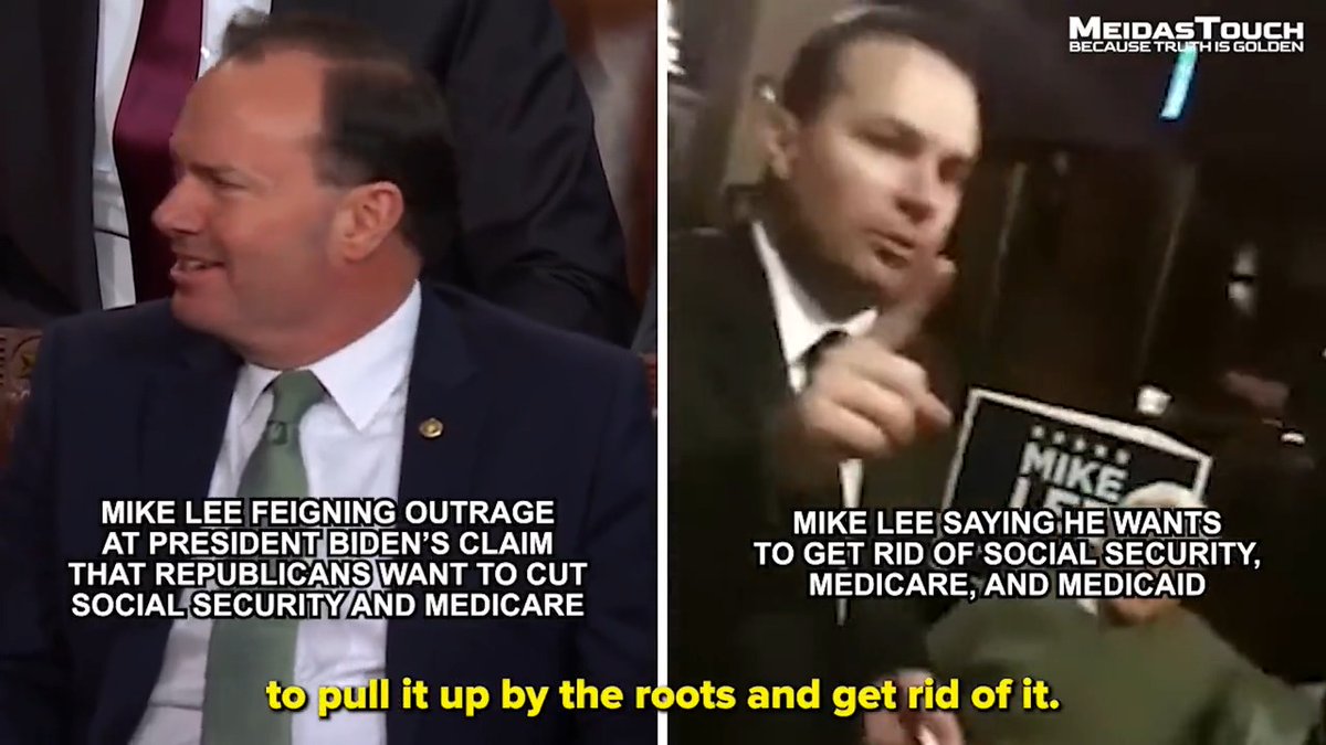 On the left, Republican Senator Mike Lee feigns outrage during the State of the Union when President Biden suggests that some Republicans want to cut Social Security and Medicare. On the right, Mike Lee says he wants to get rid of Social Security, Medicare, and Medicaid.
