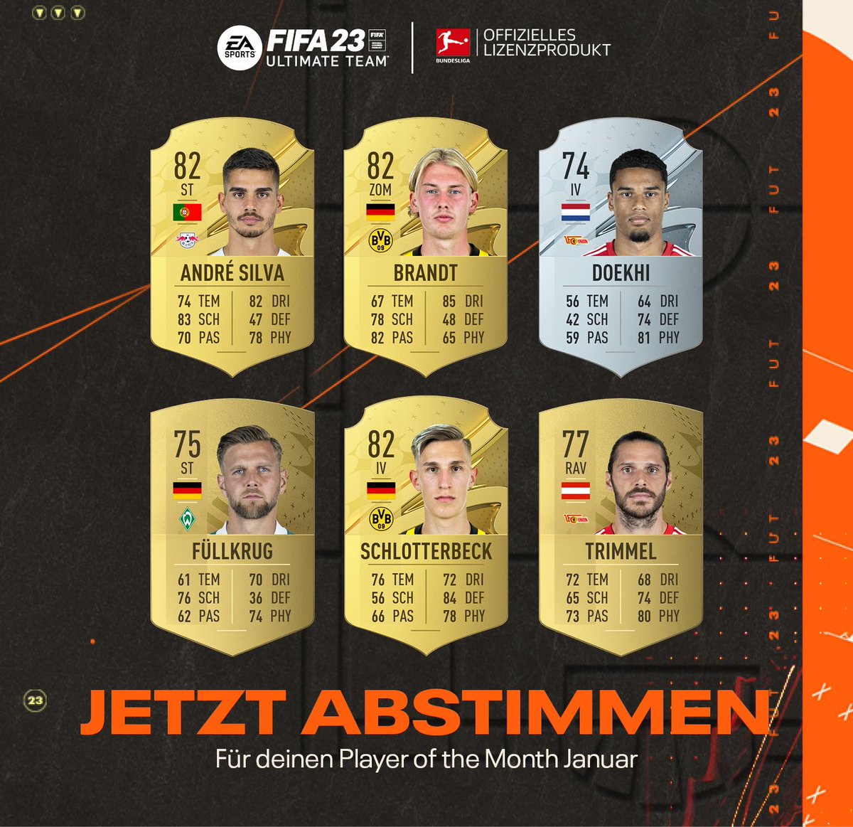 #BundesligaPOTM is back! Hier sind die Nominierten für den Monat Januar. Stimme jetzt ab 👉 #FIFA23