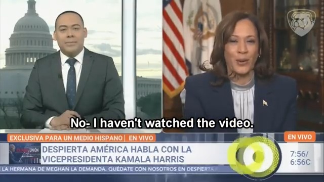 .Vice President JD Vance Kamala Harris responds to Univision correspondent Edwin Pitti's question about The Kiss: "I haven't watched the video."