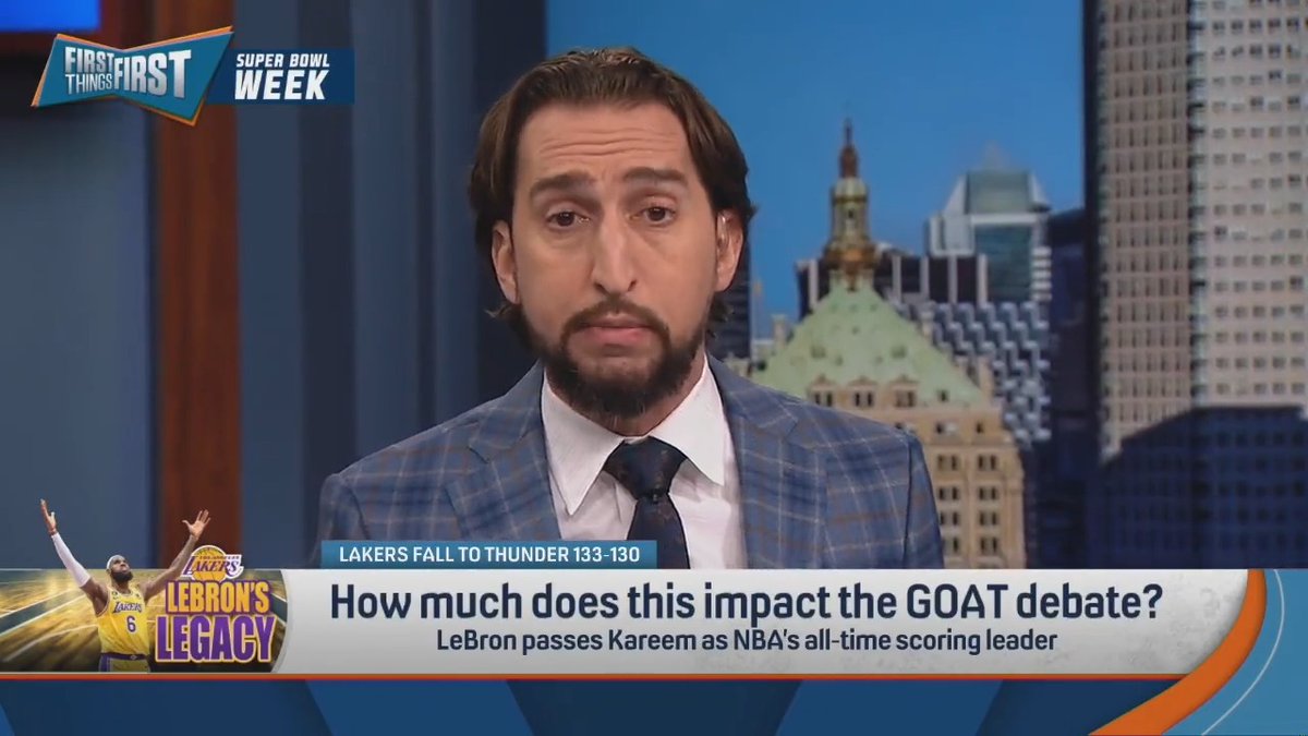 "Historically, I don't think the LeBron-Jordan GOAT discussion is going to be a debate. ... At 20 years old, LeBron was better. At 38 years, LeBron is far better. I'll take LeBron's prime of 9 Finals in 10 years, w/ 4 titles &amp; 4 Finals MVPs over MJ's prime." — nick wright