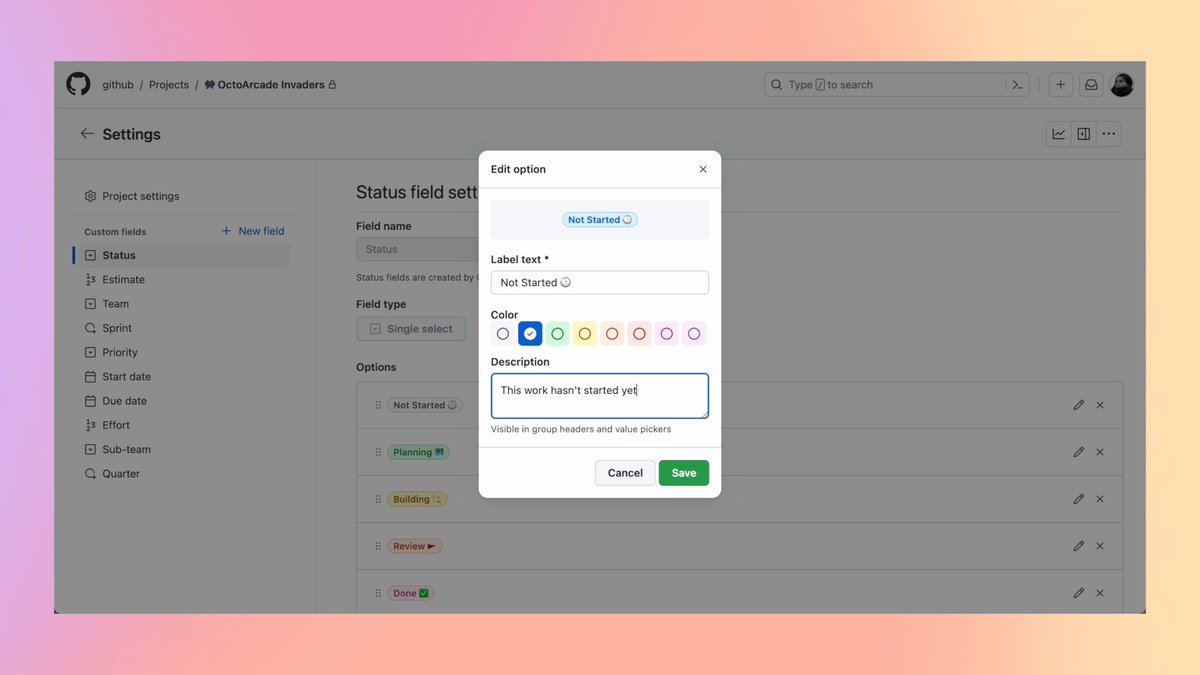 Add a splash of color and clarity in your projects. 🎨 Our Projects changelog this week brings you 🥁 add color and descriptions to fields, and more improvements to tasklists and roadmaps!