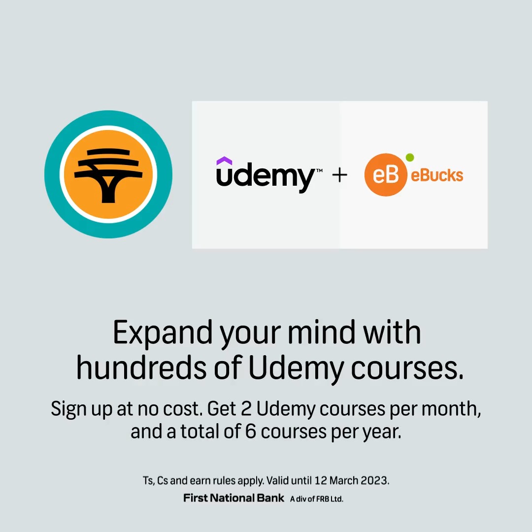 Unlock your potential in 2023. Take up 2 Udemy courses each month at no charge on the FNB App from 30 January to 12 March 2023. Discover over 400 courses and learn something new today. Campaign terms and conditions apply.