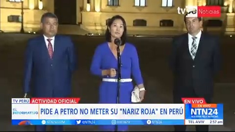 La líder política peruana Keiko Fujimori llamó “guerrillero” al presidente colombiano, Gustavo Petro, y le pidió que “no meta su nariz roja en el Perú”