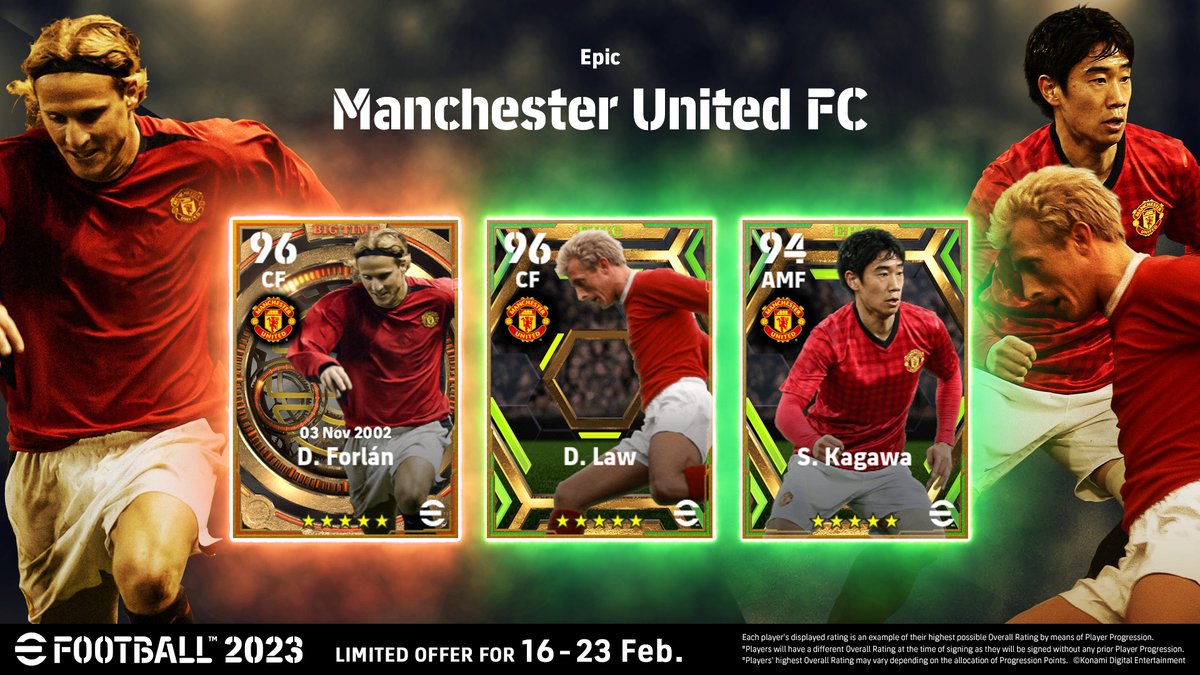 We are back in Manchester for another EPIC set of 3️⃣ ⚽ '60s Scottish sensation Denis Law 🌏 2012 Asian International Footballer of the Year Shinji Kagawa ⭐ 2002 Big Time Diego Forlan Who are you picking in your #eFootball Dream Team?