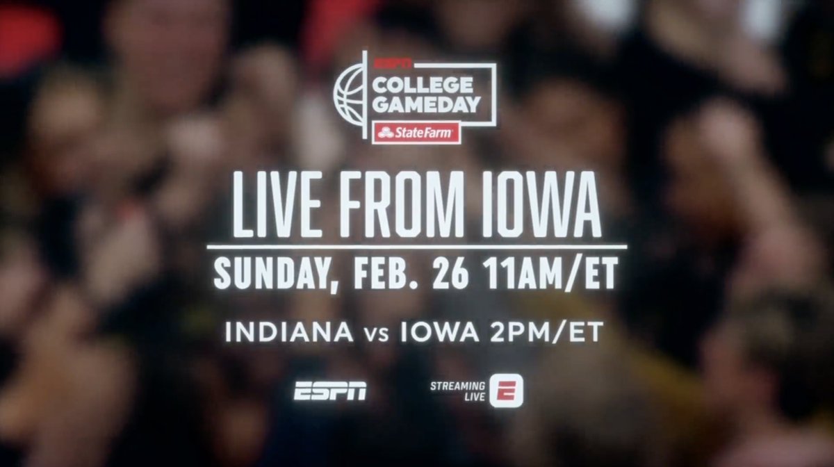 Feb. 26, The Iowa Hawkeyes host a basketball edition of College GameDay for the 1st time Ahead of Big Ten Conference's #NCAAWBB showdown between Iowa Women's Basketball & Indiana Women’s Basketball 🎙 @elleduncanESPN, Rebecca Lobo, Andraya Carter, CAROLYN PECK, Holly Rowe 🏀 11a ET | ESPN 🔗