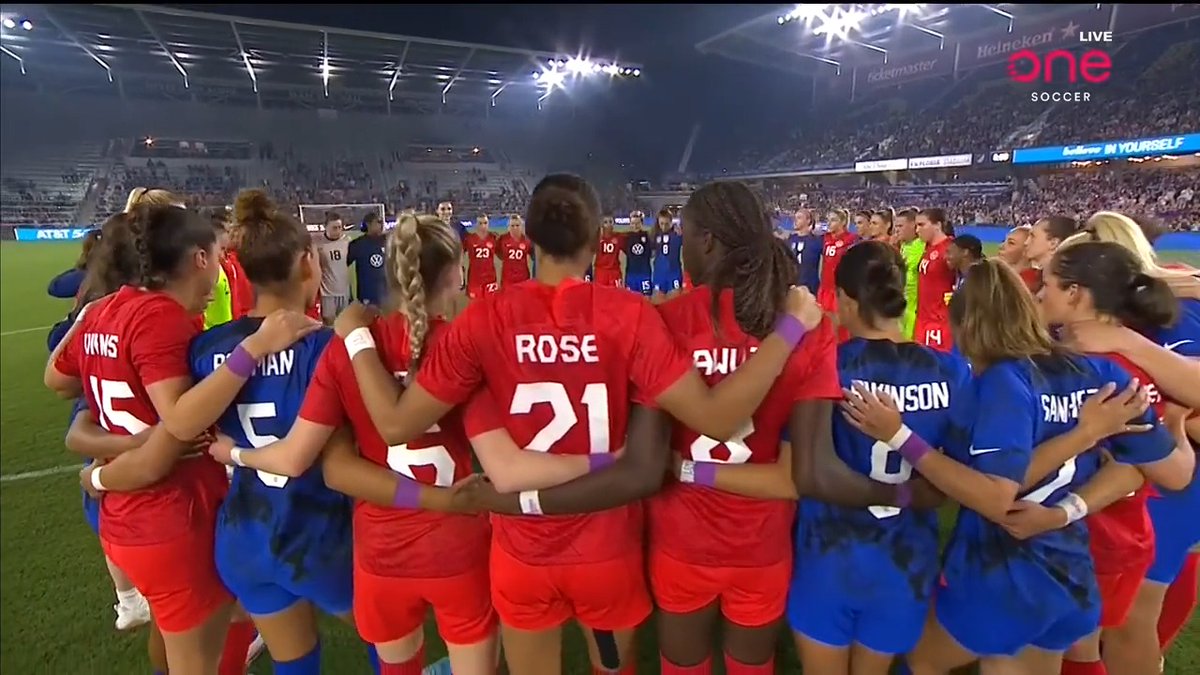 Rivals? Usually. Tonight? Not so much. #USWNT, #CanWNT stand arm-in-arm in their fight for equality 💜 🔴