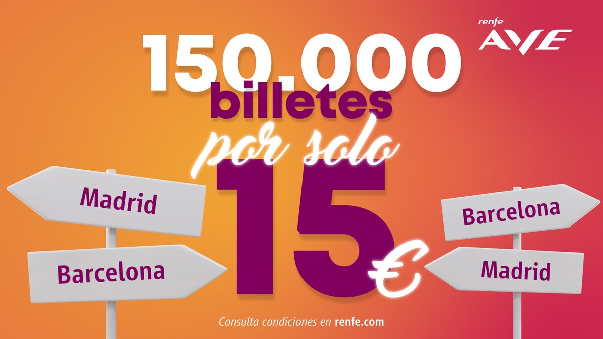 ¡El AVE Barcelona-Madrid está de aniversario! 🎊 Hoy se cumplen 1️⃣5️⃣ años de la llegada de la alta velocidad para conectar ambas ciudades en tan solo 2 horas y media. ¿Quieres celebrarlo con nosotros? Tenemos para ti ¡150.000 billetes por solo 1️⃣5️⃣€! 😱 #15añosAVEBarcelona