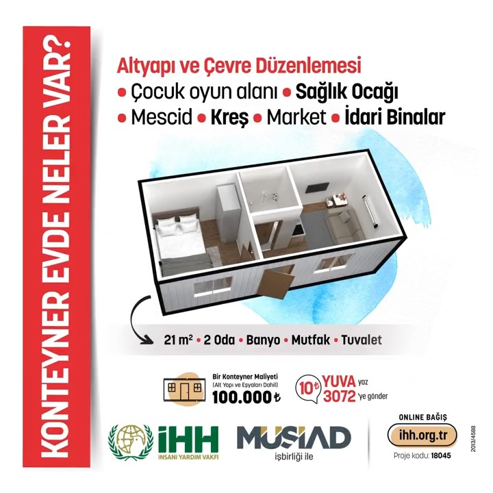 Konteyner Mahalle Kuruyoruz Tüm evler arazisi düzenlenmiş; altyapısı, beyaz eşya, koltuk, masa, mutfak eşyaları ve ısınma sistemi hazır şekilde ihtiyaç sahibi ailelere teslim edilecek. 📌Detaylı bilgi ve bağış: