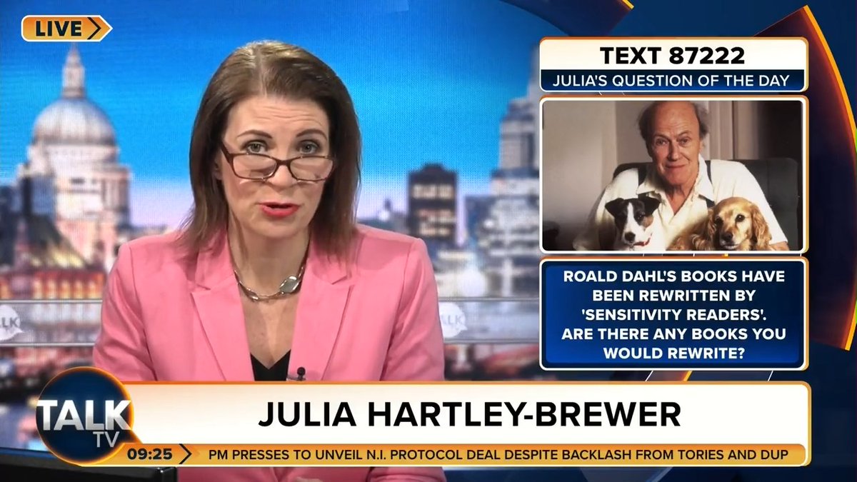 Roald Dahl’s children’s books have been edited to remove language which could be deemed offensive. Julia: “People who can't cope with what's written down should spend their days not reading bedtime stories but under a duvet because real life is far too frightening." Julia Hartley-Brewer